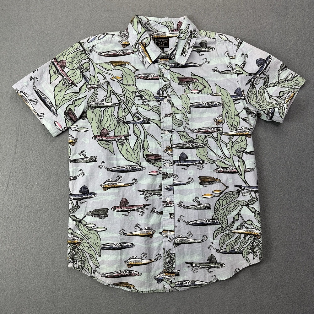 Dark Seas Shirt Mens Small Blue Button Up AOP Fishing Lures Hawaiian Fish